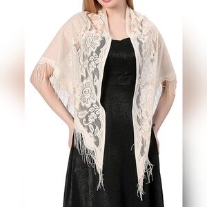 Women's Shawl Wrap Fringed Flower Breathable Tassel Triangle Scarf, Cream Color